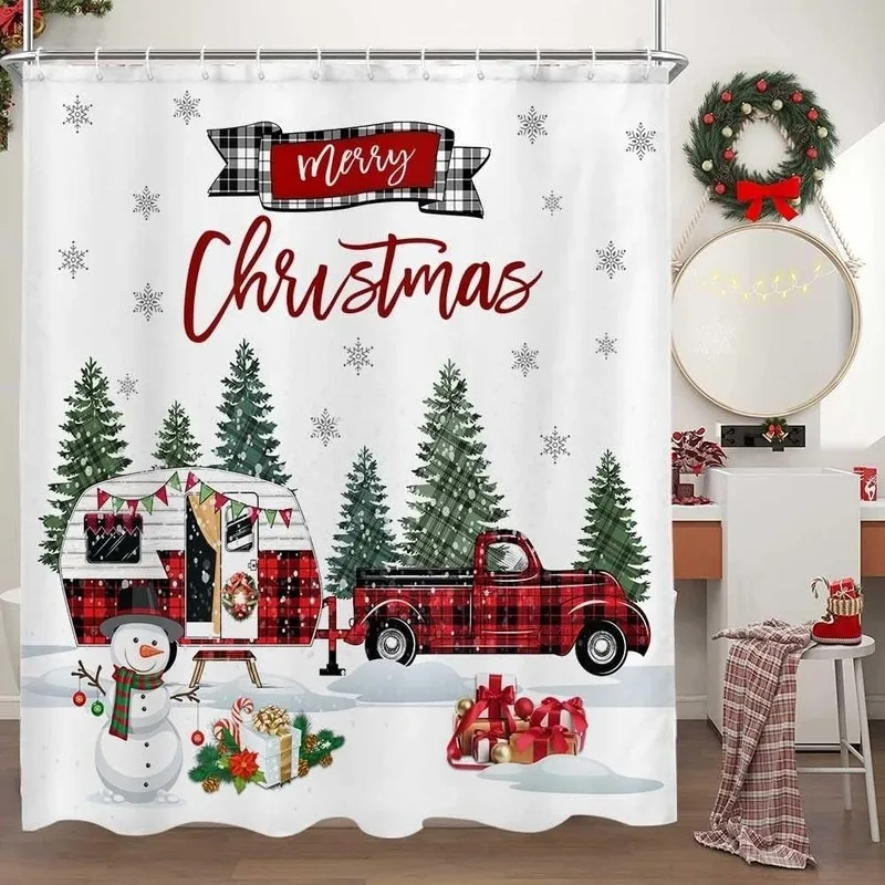 Red Black Plaid RV Camper Snowman Pine Forest Christmas Shower Curtain Waterproof No Drill Hanging with 12 Hooks for