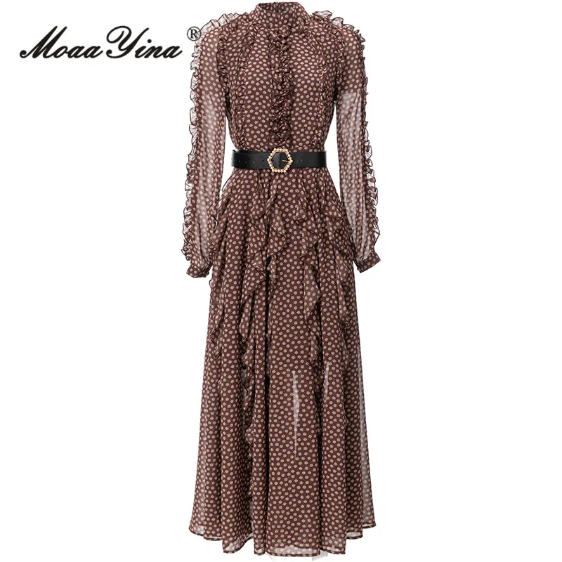 

MoaaYina Autumn Fashion Designer Vintage Floral Print Dress Women's Stand Collar Ruffles Sashes Gathered Waist Slim Long Dress