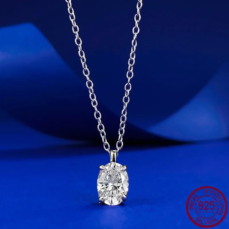 

New necklace with European and American style zircon oval 6 * 8 geometric S925 pure silver pendant 40+5 wedding jewelry