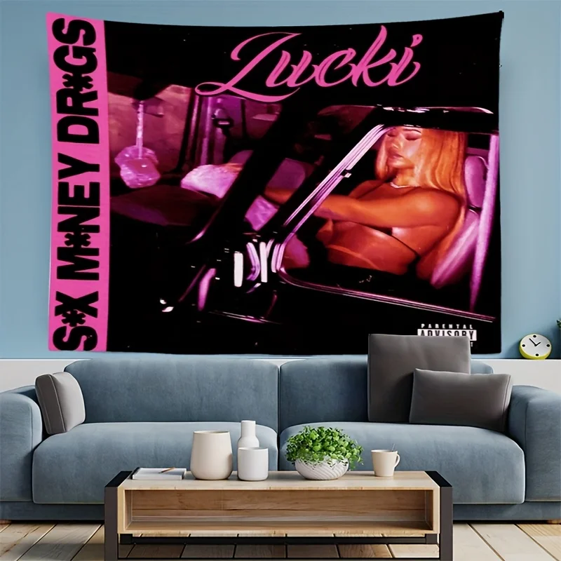 1pc Lucki Album Cover Tapestry Sex Money Drugs Musical Theme Wall Hanging with Glamorous Woman in Car Design Wall Decor