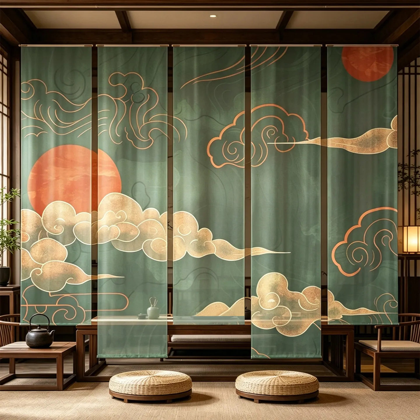 Japanese Noren Hanging Room Divider with Red Sun & Cloud Pattern - Semi Transparent for Sushi Bar, Tea Room, and Izakaya Decor
