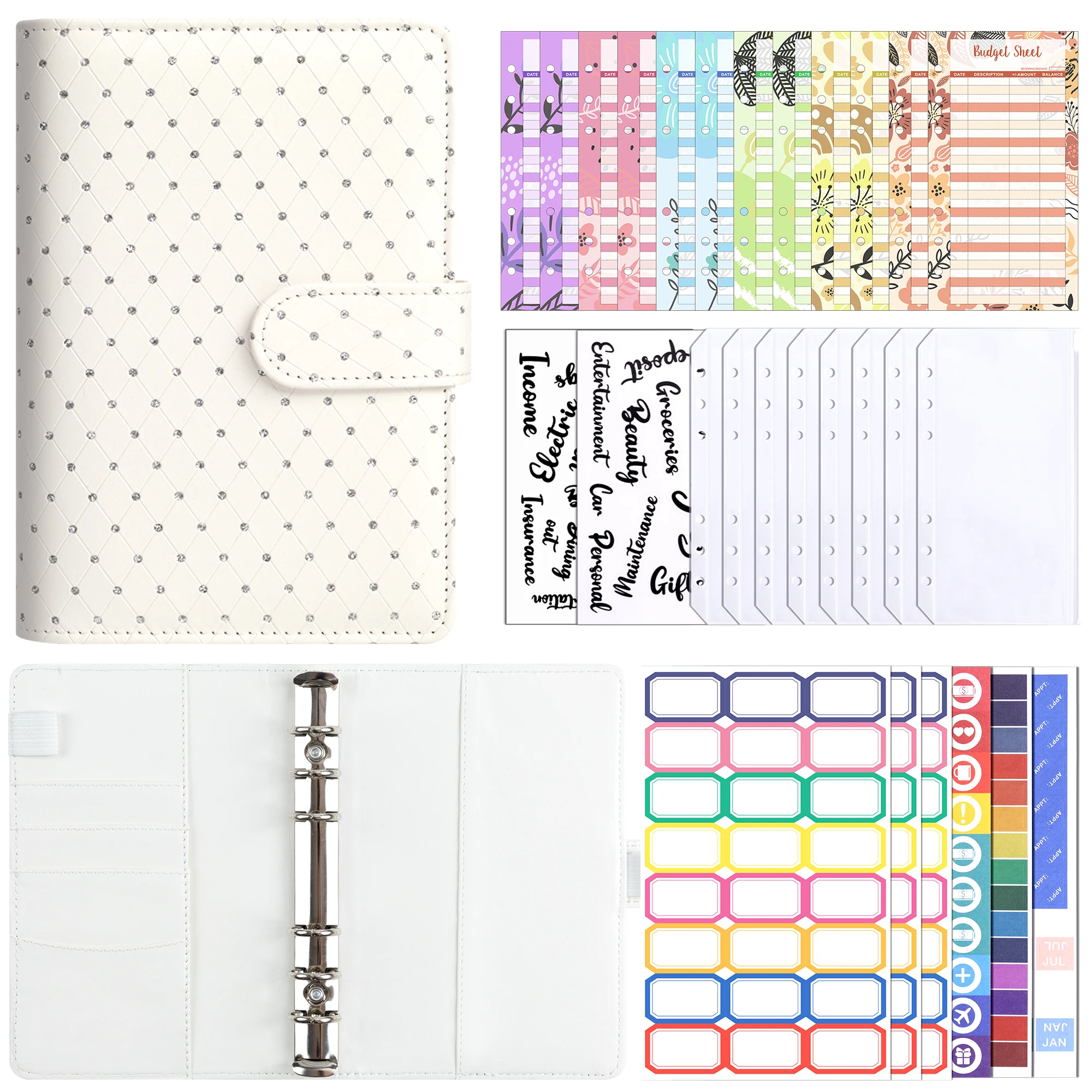 Budget Binder, A6 Diamond PU Leather Binder, Cash Envelopes, Expense Sheets, Challenge Tracker & Category Labels,for Home