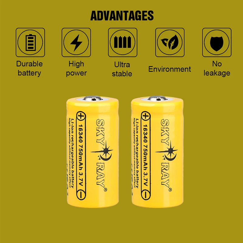 SKYRAY 100% Original 16340 Battery 3.7v Lithium 750mAh Li-ion Cells Rechargeable Batteries for Toys Torch Flashlight