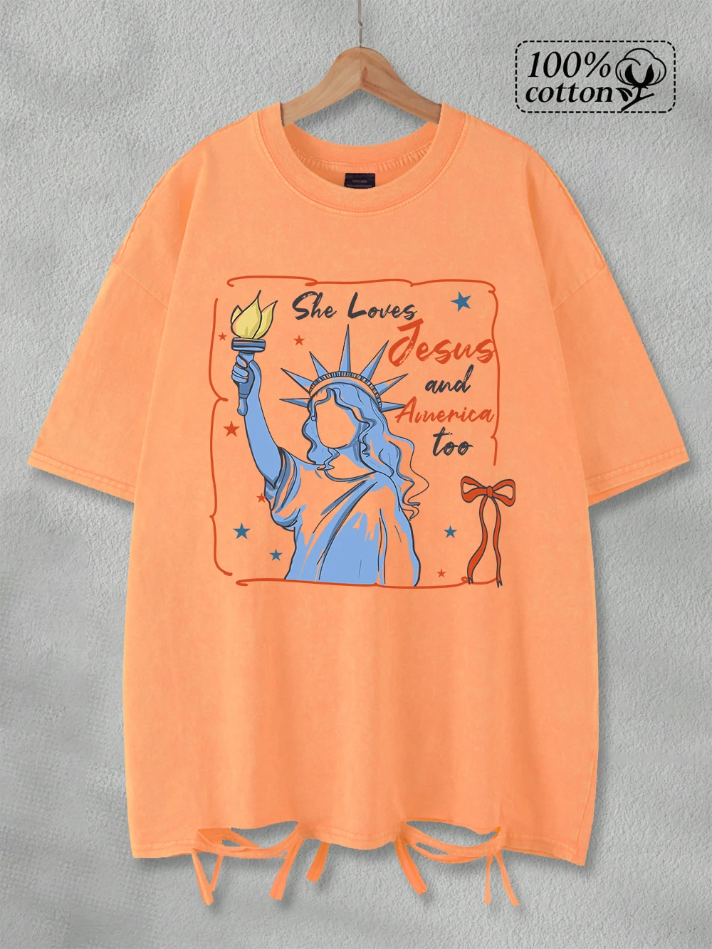 

100% Cotton Washed T-Shirt Women Oversized She Loves Jesus And America Print T Shirt O-Neck Distressed Holes Tops Summer Clothes
