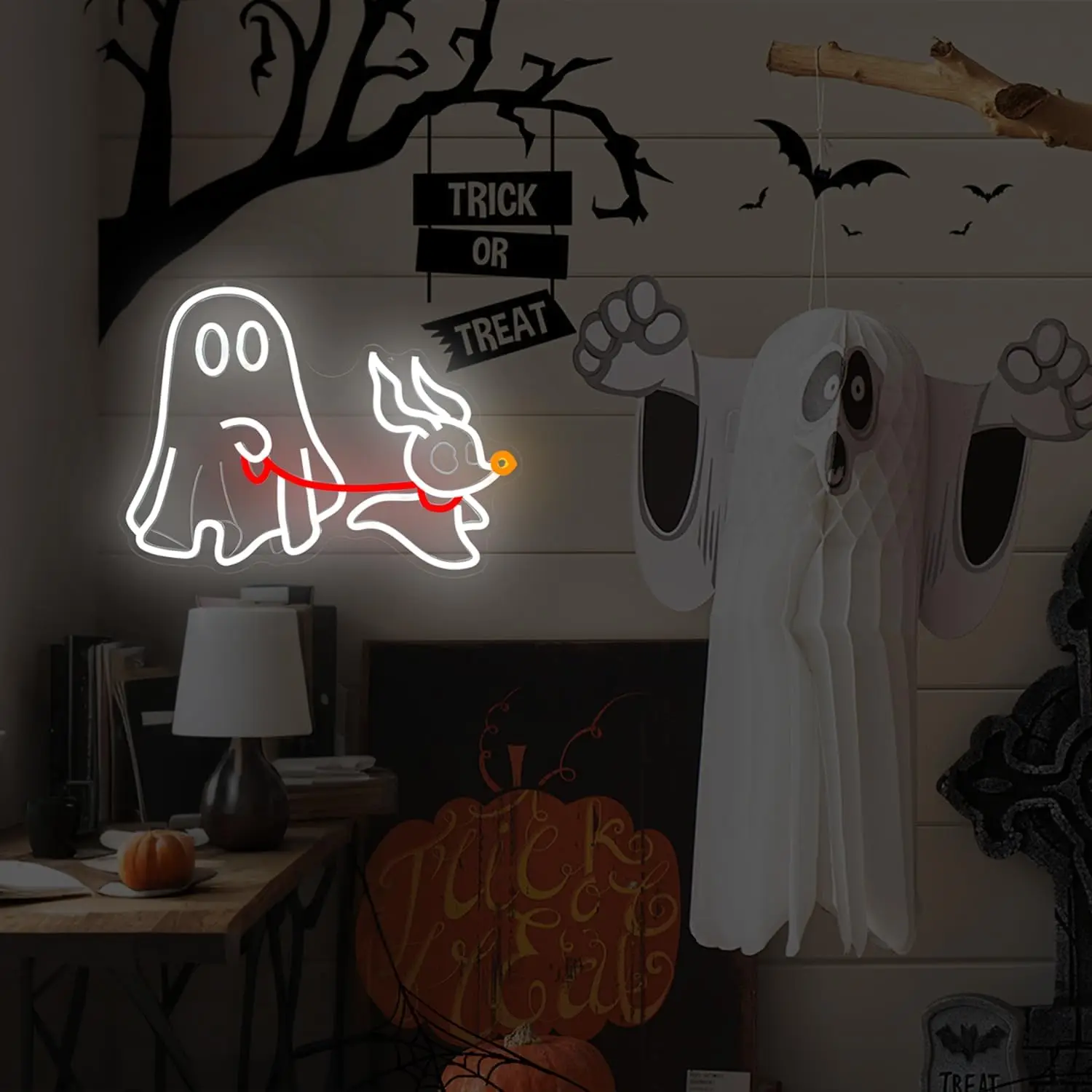 Neonowe Znaki Halloween Duch Duch Chodzący Pies LED Neon Ściemnialny do Sypialni Ściana Jaskinia Mężczyzny Dekoracje na Imprezę Halloween Prezenty