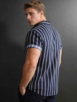 Men's Casual Vacation Beach Shirt Printed Summer Short-Sleeved Blue Striped Shirt Hawaiian Shirt Fashionable Minimalist Top