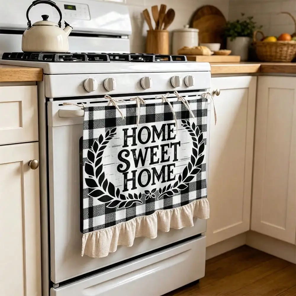2D Buffalo Plaid Home Sweet Home Wreath Print Ruffled Tie Multi-Functional Decorative Curtain, Fits Kitchen Skirt, Oven Cover, Washing, Dishwasher, Bathroom Window Treatment, And Kitchen Decor, Halloween Kitchen Apron