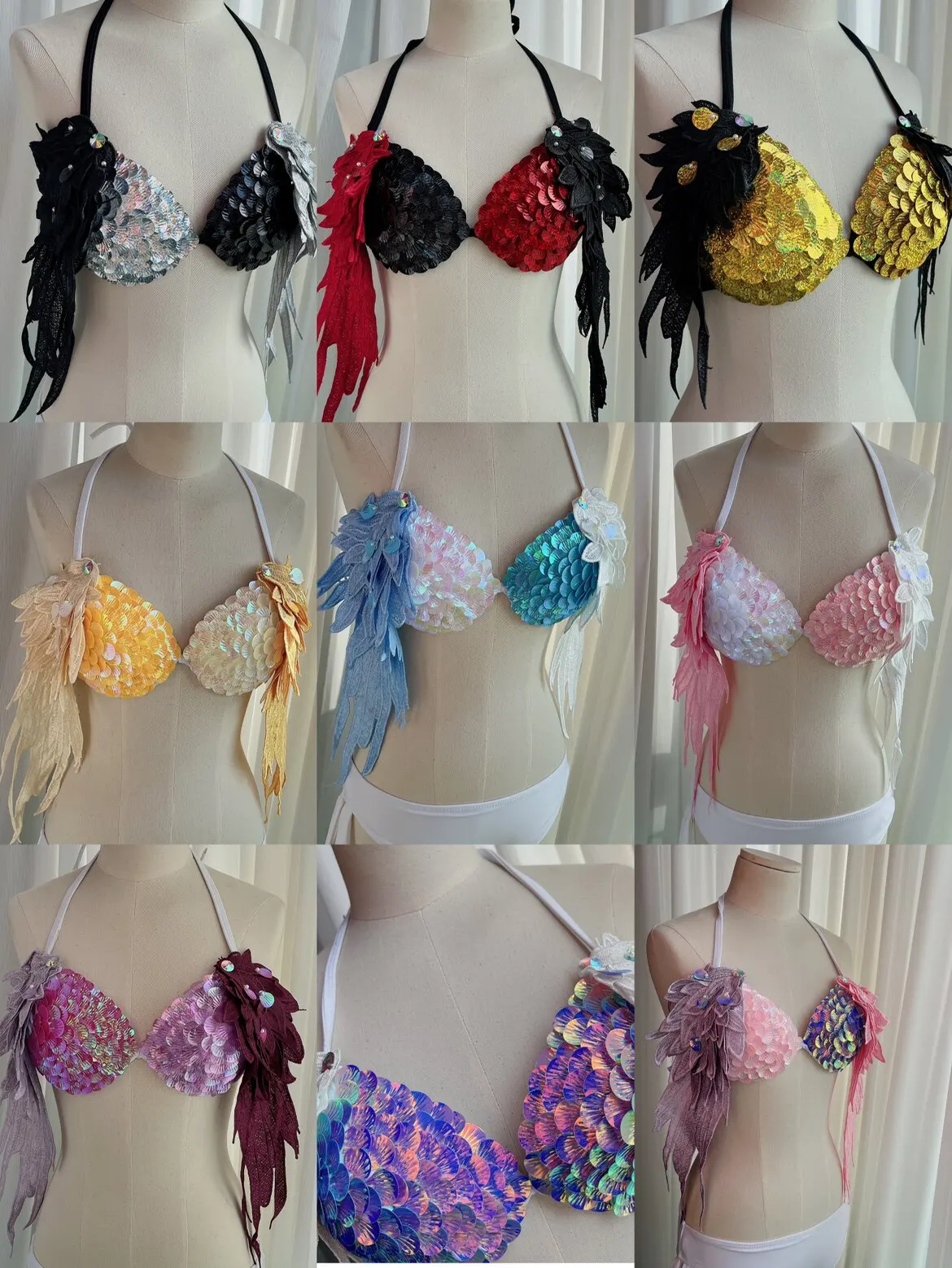 Women's Sexy Bikini Bra with Iridescent Sequins for Photos Vacation Pool Parties Paired with Mermaid Tail Freely Adjustable