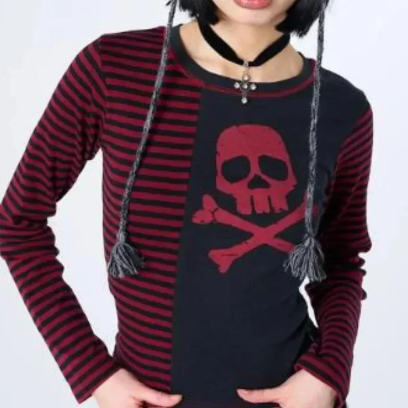 Woman Gothic T-shirts y2k Skull Printed Striped Long Sleeve Slim Tops Woman Clothing Streetwear