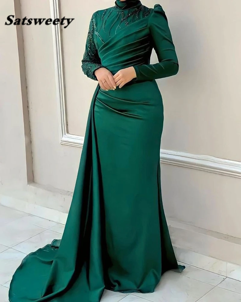 

Green Satin Off Shoulder Prom Dresses with Pockets High Split Side Sleeveless Long Formal Evening Party Gowns Robes De Soirée