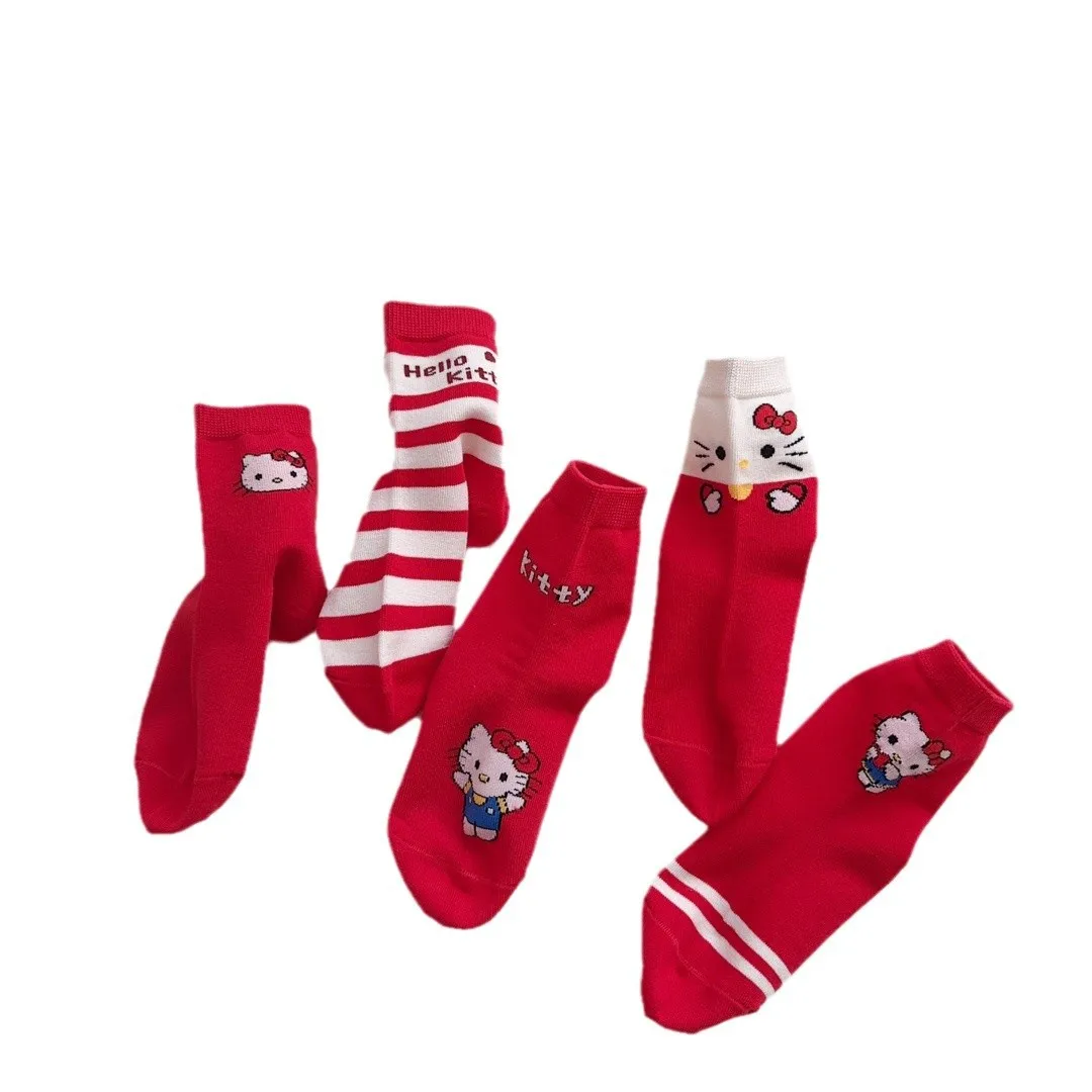 Chaussettes décontractées en coton peigné pour enfants, chaussettes mi-mollet pour enfants, Hello Kitty, dessin animé mignon, rouge, 5 paires