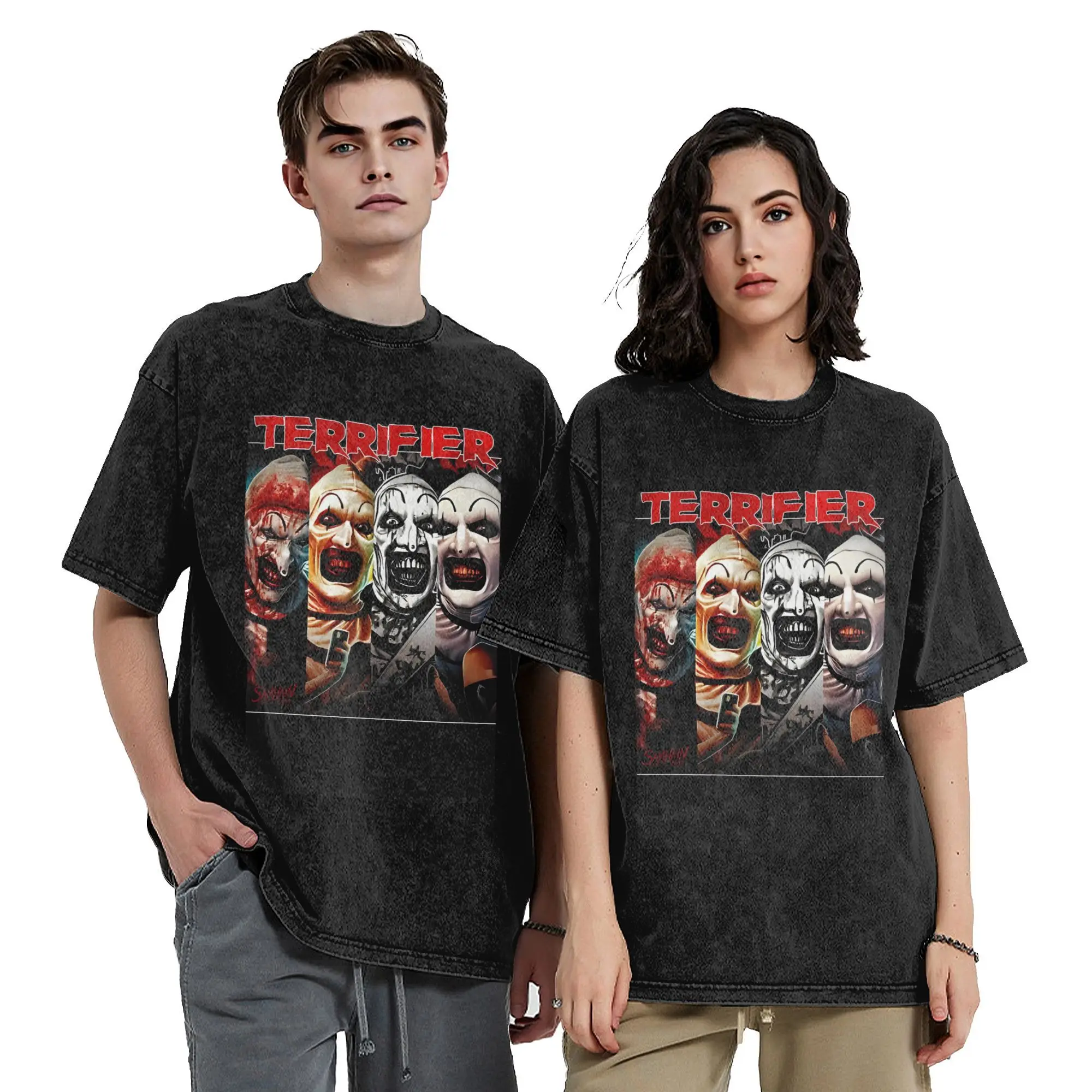 

Terrifier Clown Faces Vintage Washed T Shirt Men Women Pure Cotton Vintage T-Shirts O Neck Tees Short Sleeve Clothes 4XL 5XL