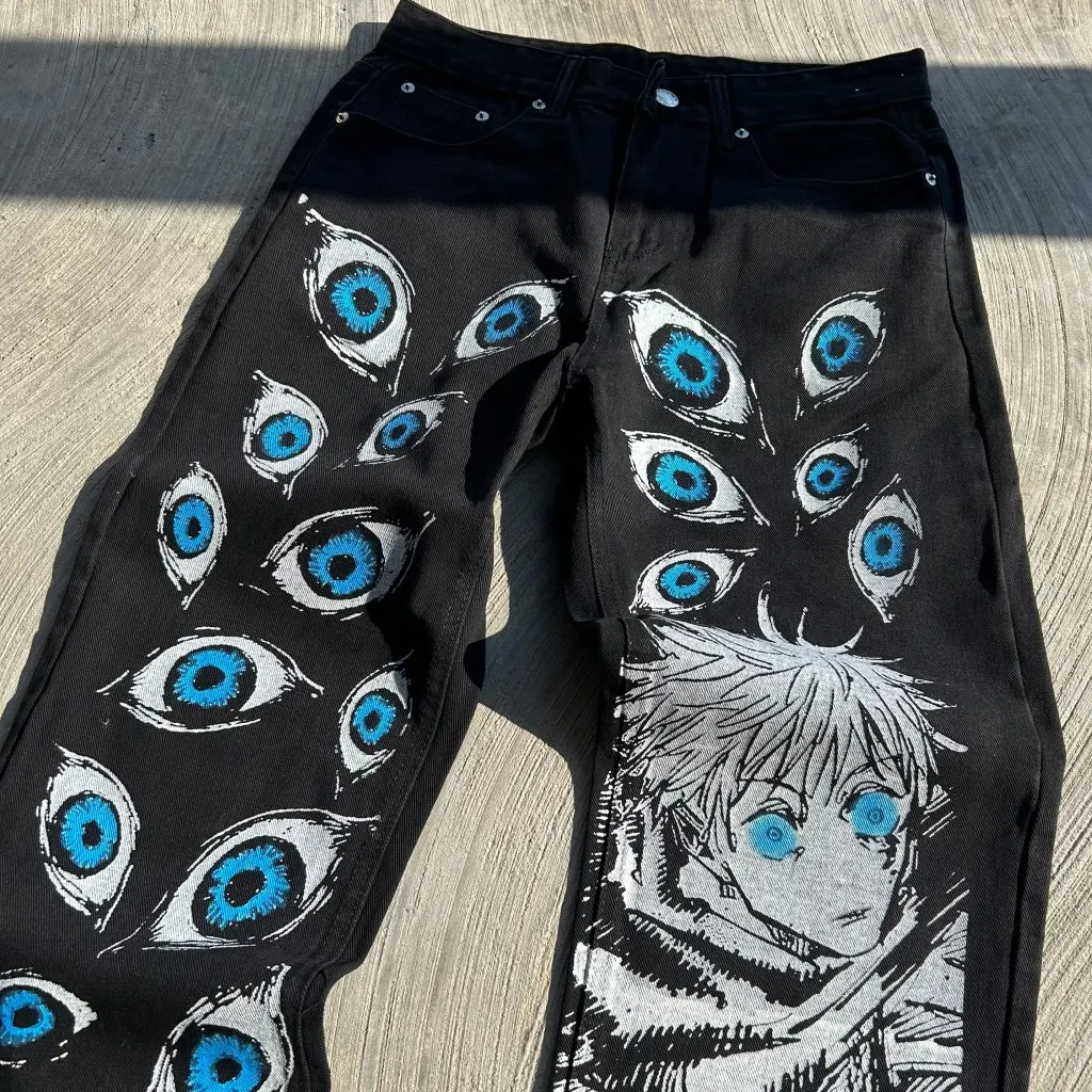 Jeans Harajuku preto masculino, personagens de anime, estilo streetwear, calças de casal, calças jeans de perna larga, Y2K, novo