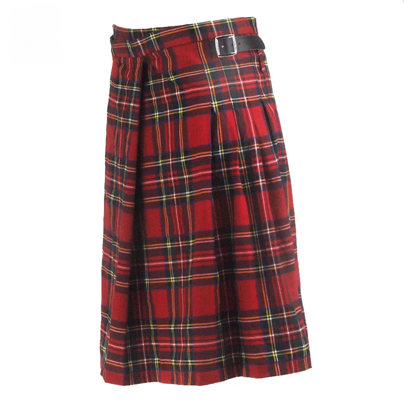 Gothic Punk Kilt Scottish Tartan Dress Red Plaid Pleated Waist Skirt With Faux Leather Buckle Europe Men Clothes