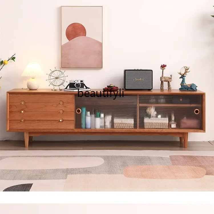 X TV Cabinet Solid Wood Sliding Door Modern Simple Japanese Style Storage Cabinet Floor-standing TV Cabinet with Removable
