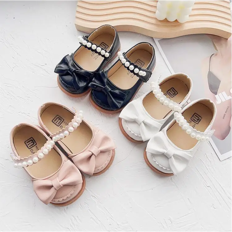 

Girls' Black Leather Shoes Performance Shoes 2024 New Spring Princess Leather Shoes Children's Students' Pearl Soft Sole Single