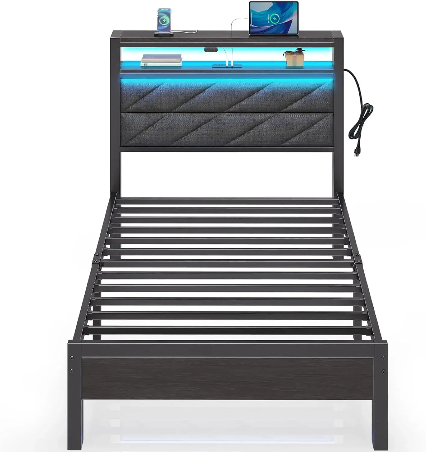 Bed Frame Twin Size with Charging Station, LED Bed with Upholstered Storage Headboard, Metal Platform Bed with Under