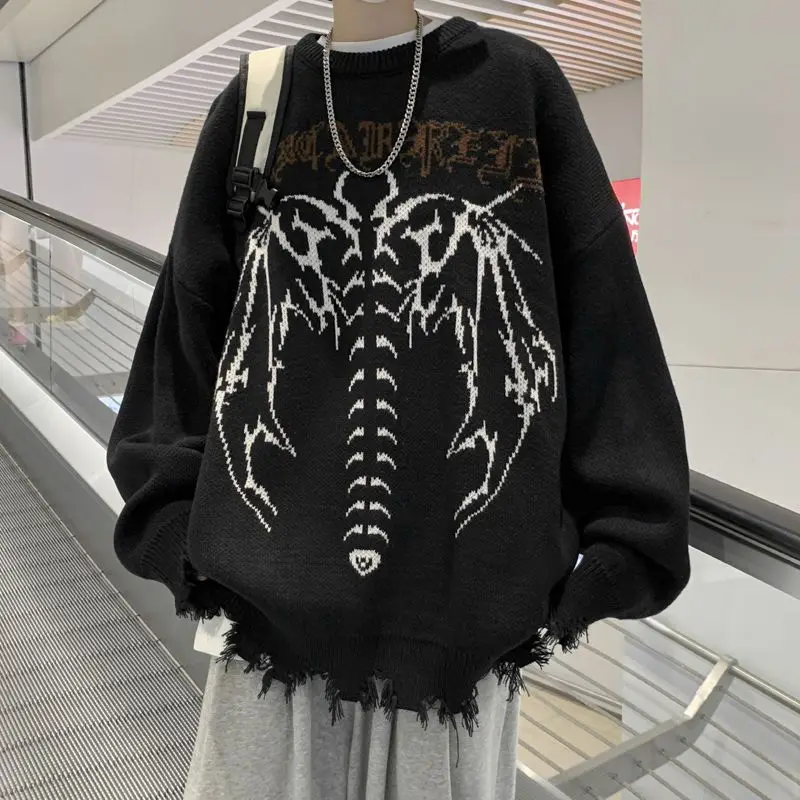 

Bat Pullovers Skeleton Sweater Knitted Vintage Torn Essentials Men's Clothing Oversized Skull Jumper Women's Harajuku Gothic