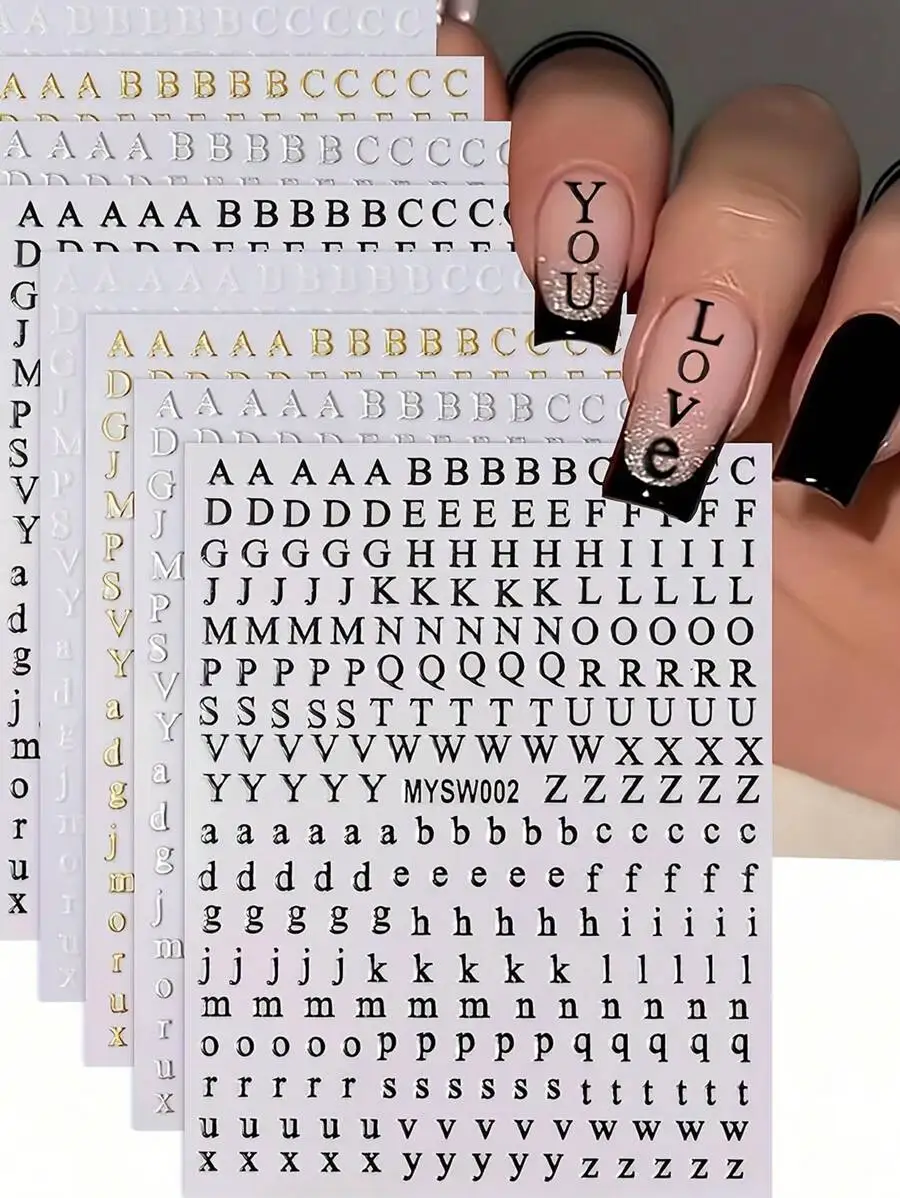 

26pcs Alphabet Letter Nail Art Stickers, 3D Nail Decals In Gold, White, Silver, Black, Nail Art Decorations, Easy To Use And Lon