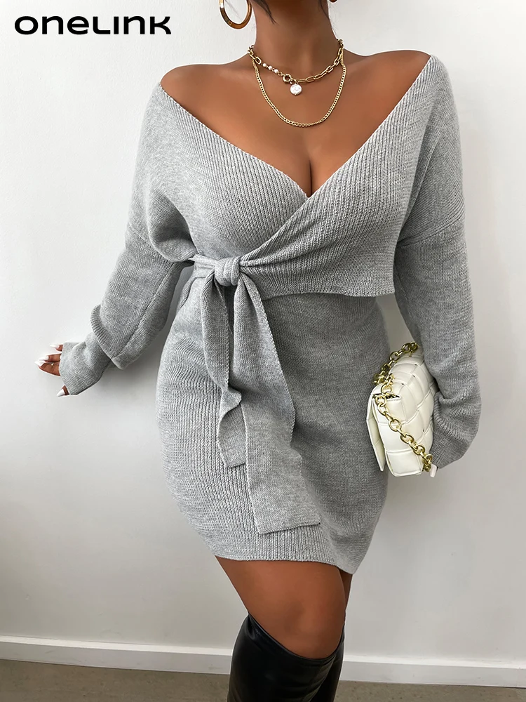 ONELINK Light Grey Deep V Neck Wrap Over Top Lace Belt High Waist Plus Size Women Sweater Dress L-3XL Big Clothing Winter Outfit