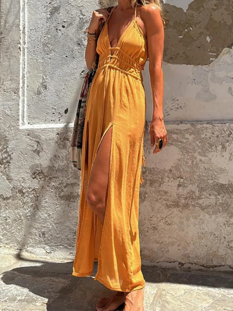 Hollow Out Deep V Neck Fashion Holiday Dress, Women Summer Sleeveless Elegant Solid Maxi Dress, 2024 Lace-Up Simple Ladies Dress