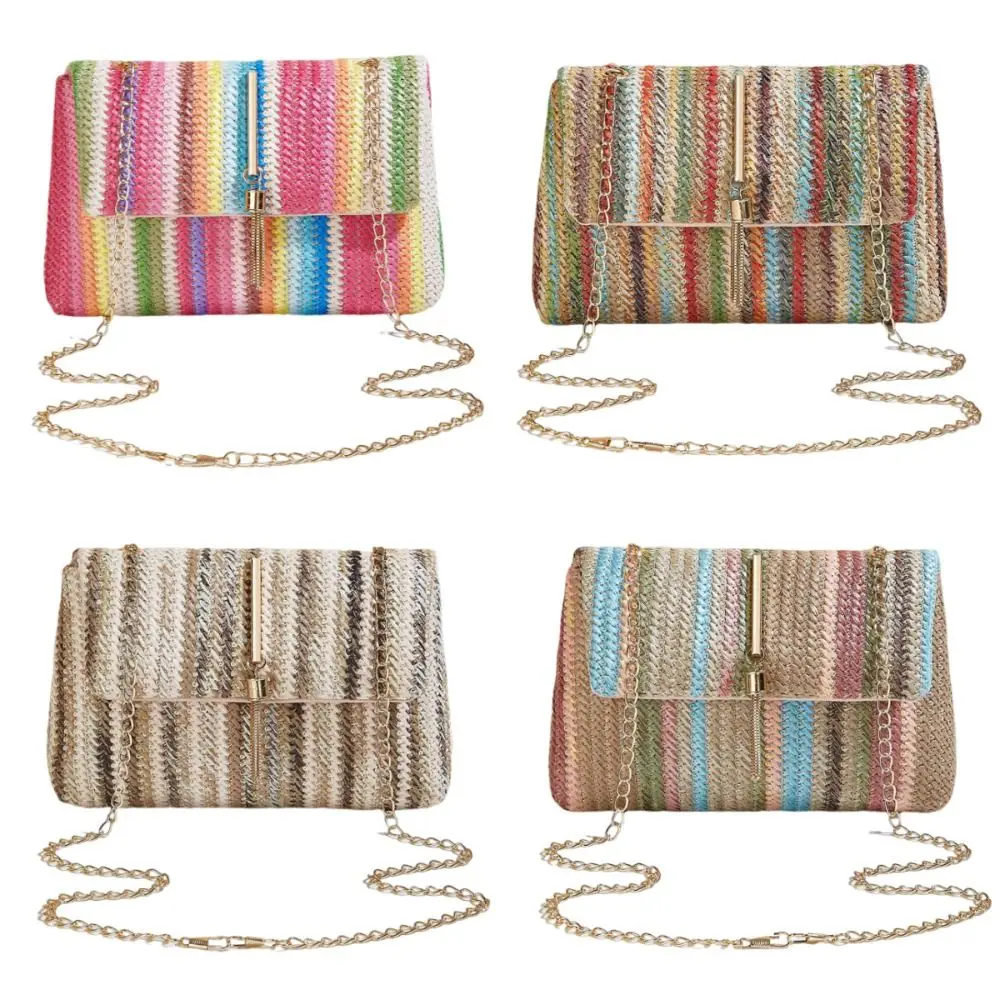 

Simple Colorful Stripe Straw Shoulder Bag Ethnic Style Bohemian Rainbow Handbag Exquisite Portable Clutch Bag Girls