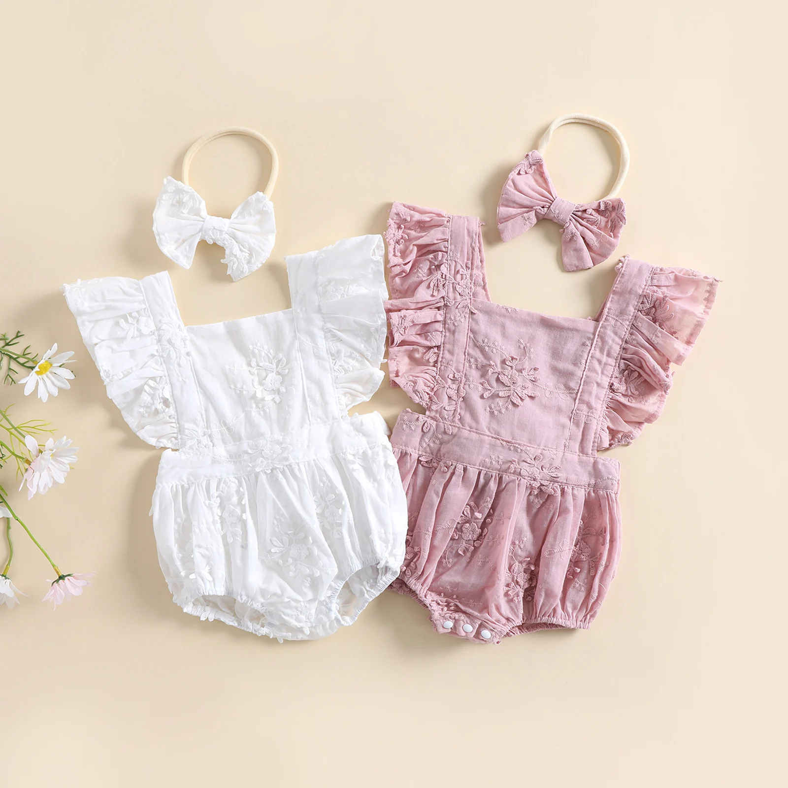 Summer Infant Baby Girls Bodysuit Headband Fly Sleeves Lace Tie-Up Snap Triangle Backless Jumpsuit Clothes