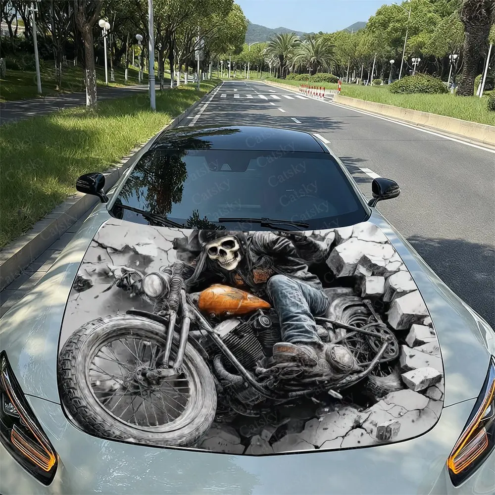 Retro Motorcycle And Skeleton Pattern Car Hood Sticker, PVC Waterproof Self-adhesive Wear-resistant Body Film, Truck And Sedan S