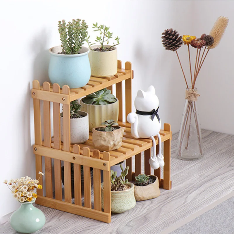 Bamboo Flower Display Stand Plants Pots Rack 1/2 Tier Folding Shelving Home Office Desktop Organizer Storage Shelves Rack