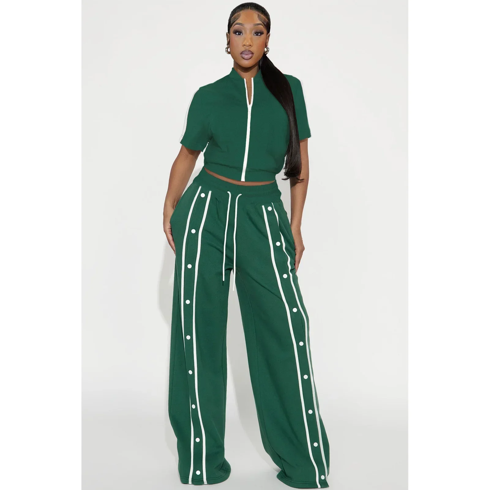 

Two-piece Set Women's Sports Clothes Buckles Loose Pockets Wide-leg Pants with Zippers Two Piece Sets Womens Outifits