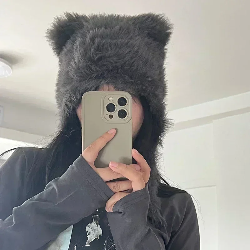 Autumn and Winter Soft Plush Cute Cat Ears Sweet Pullover Women\'s Hats Korean Casual Shopping Ear Protection Strap Beanies Cap