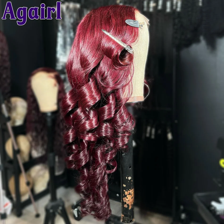 Perruque Lace Front Wig Body Wave Naturelle, Cheveux Humains, Rouge Foncé Bordeaux, 13x6, 99J 13tage, 5x5, Lace Closure Transparente, pour Femme