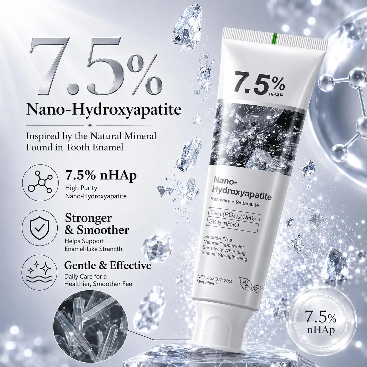 7.5% Hydroxyapatite Toothpaste for Enamel Protection,Fluoride-Free Formula with Gentle Mint,for Sensitive Teeth,Daily Protection