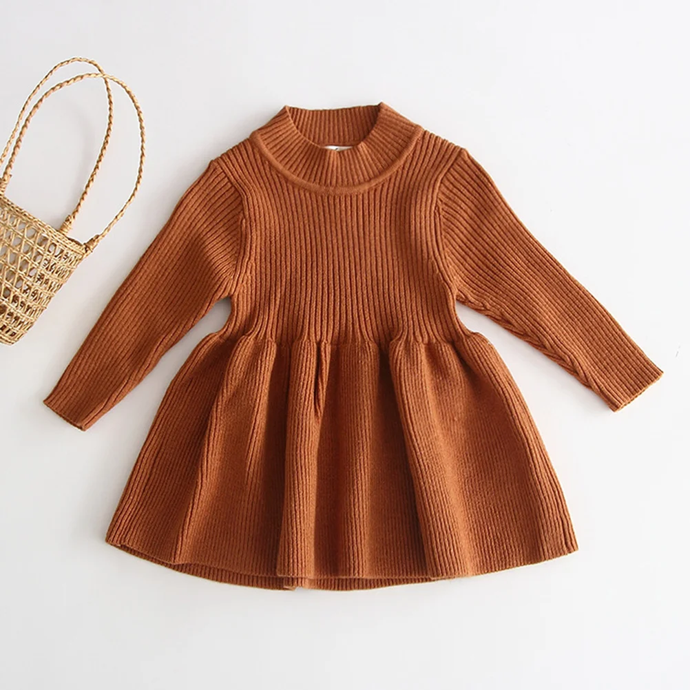 

Girls Knitted Dress Brown 73Cm Long Sleeve Autumn Winter Warm Kids Sweater Skirt Soft Comfortable Casual Baby Toddler Wear
