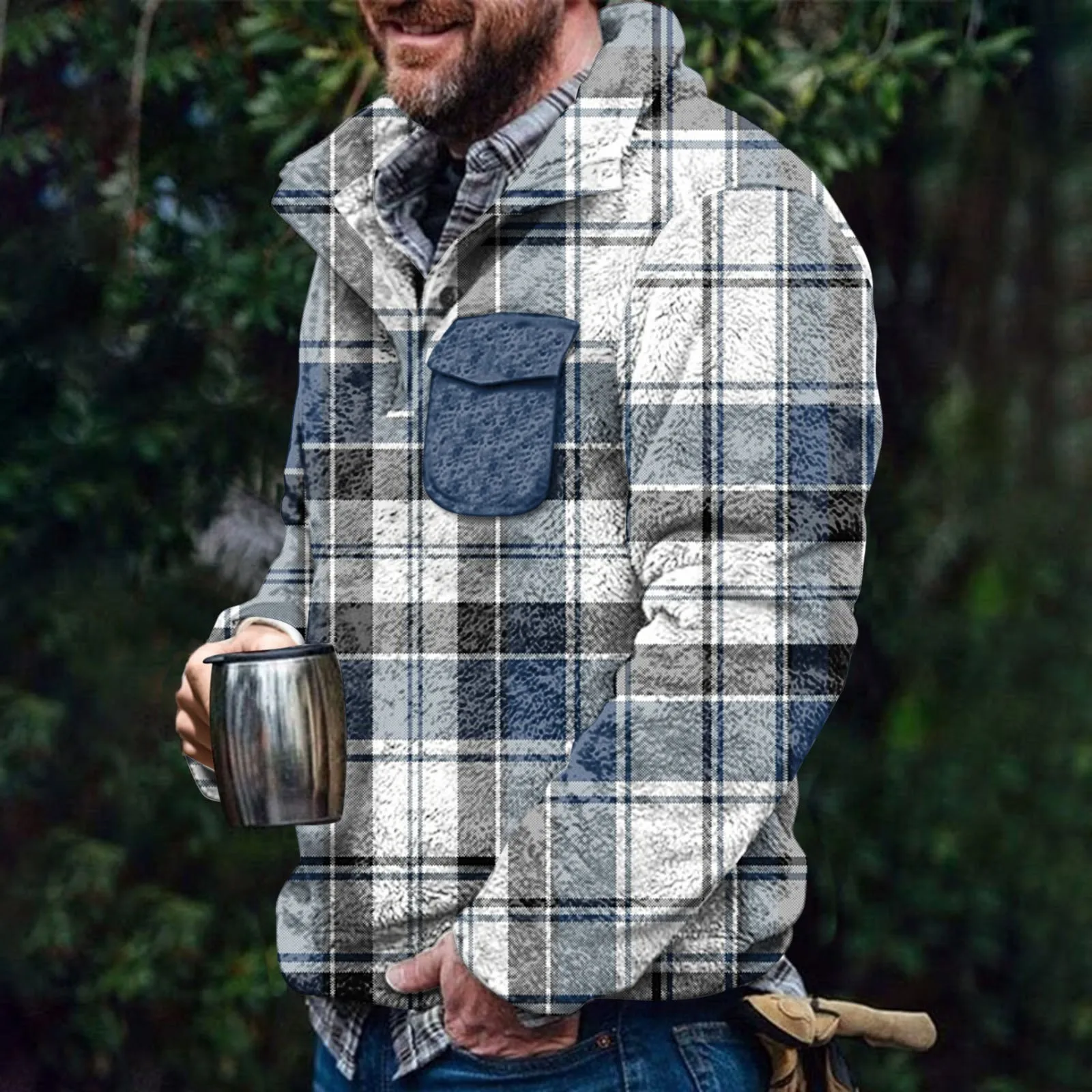 Man Plaid Sweatshirts Winter Fleece Fur Pullover Men Long Sleeve Buttons Jumper Solid Winter Warm Outerwear Sweatshirt Jacket