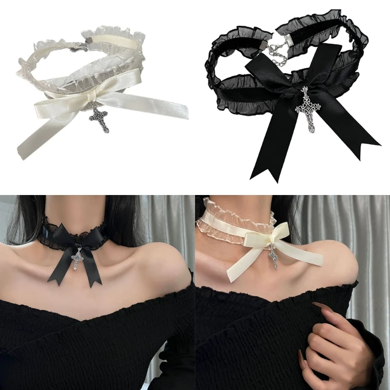 

Lace Ruffle Choker Necklace Cute Bowknot Crosses Pendant Collar Neckwear Halloween Gothic Costume Jewelry Gift for Women