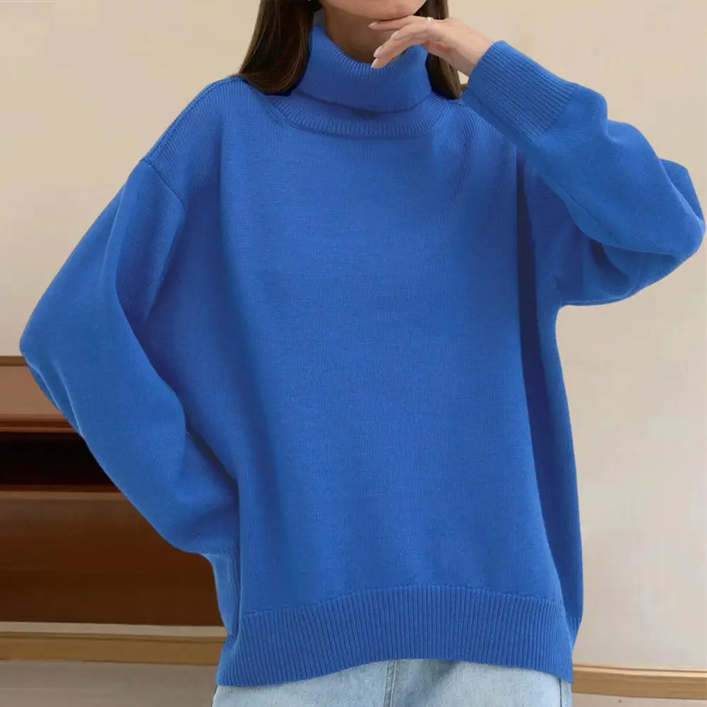 Solid Color Knit Sweater Stylish Women's High Collar Sweater with Ribbed Trim Loose Fit Pullover Top in Solid Color for A