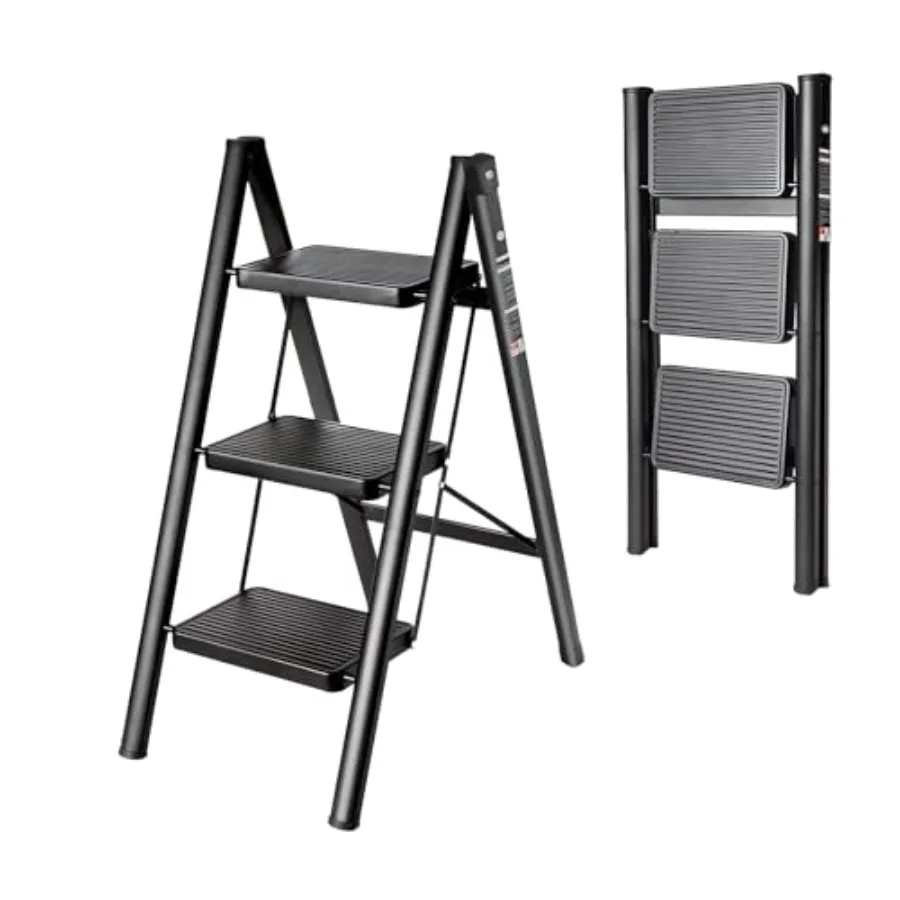 

3 Step Ladder with Anti-Slip and Wide Pedal 330lbs Capacity Folding Step Ladder for Household Kitchen Office Black-P 3 Step Lad
