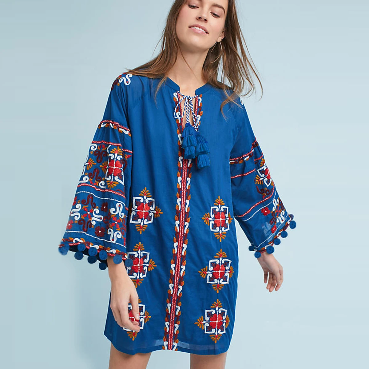 2025 Vacanza Palma Abito a tunica ricamato con scollo a V Casual Boho Mini abiti Manica lunga Autunno Abito da donna Pullover Abito corto