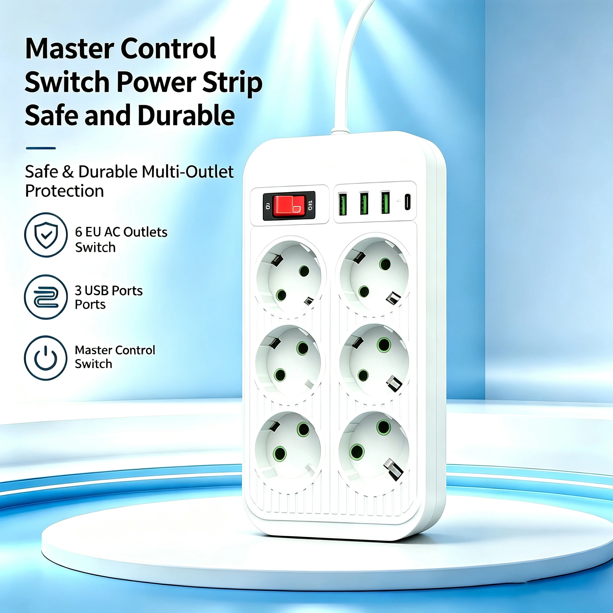 Multiprise murale 1500W UE avec 6 prises CA, 3 ports USB et 1 port de charge Type-C, cordon de 2M et interrupteur de contrôle principal pour la maison et le bureau