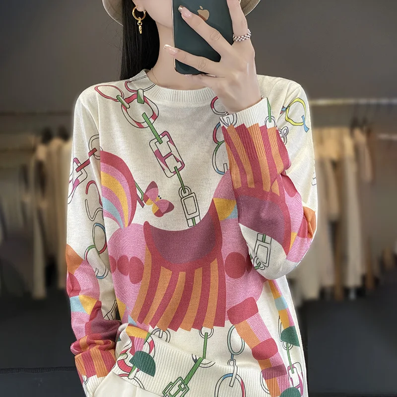 

Spring And Autumn New Worsted Wool Sweater Round Neck Bottoming Shirt Joker Long Sleeve Pullover Printing Long Sleeve