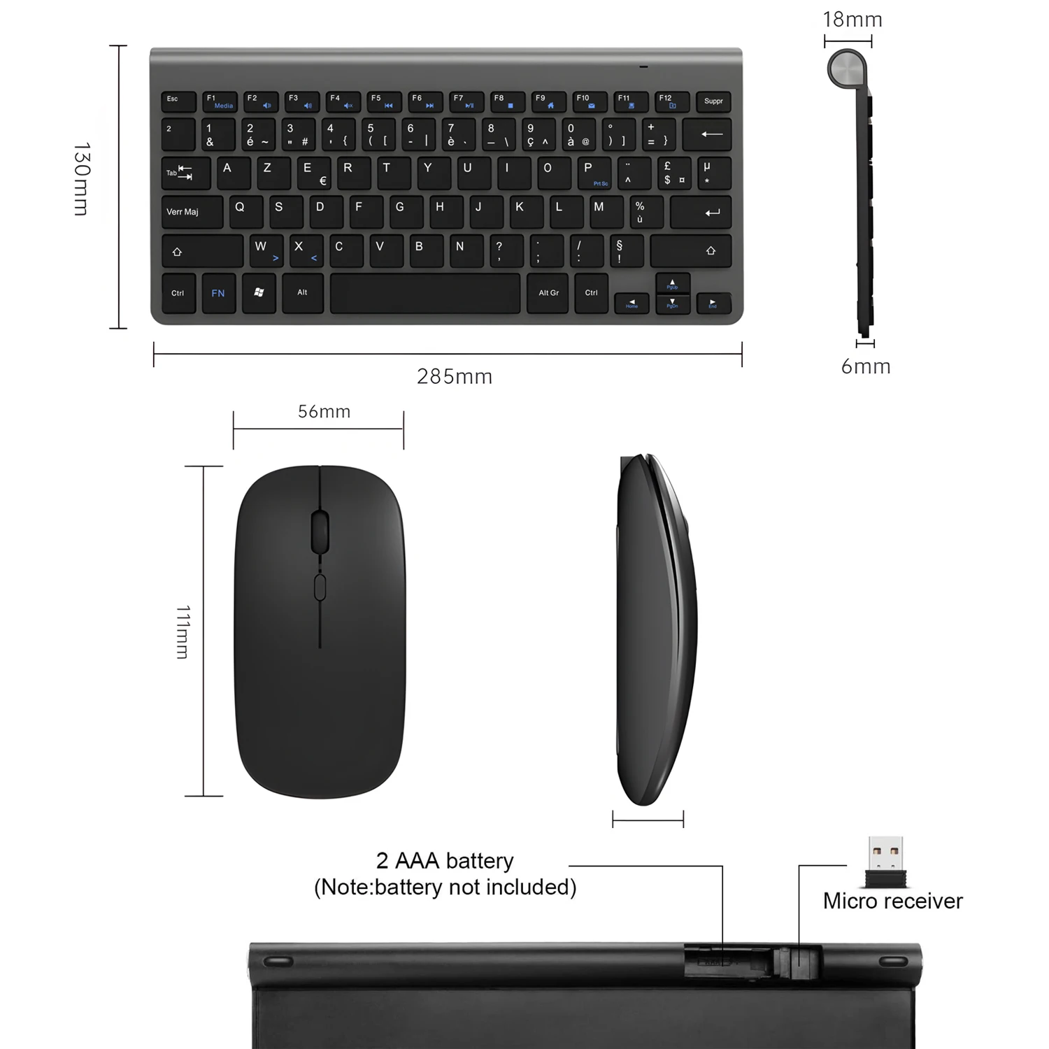 French AZERTY Wireless Keyboard and Mouse Combo Compact Small Keyboard Mouse Set with 2.4G USB Receiver for Laptop Computer PC