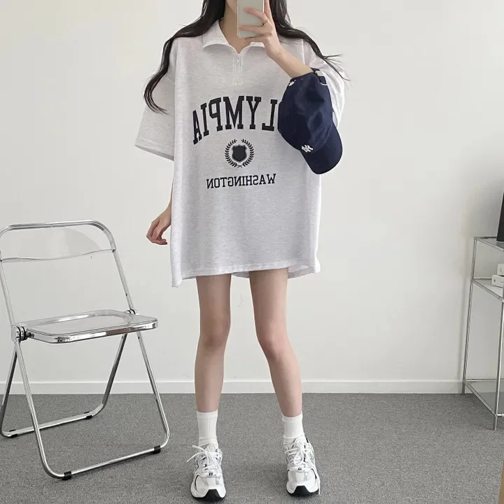 Women Loose T-shirts Trend Distressed Tee Polo Collar Zipper Short Sleeve Printed Short Sleeve Summer Female Clothes Casual Top