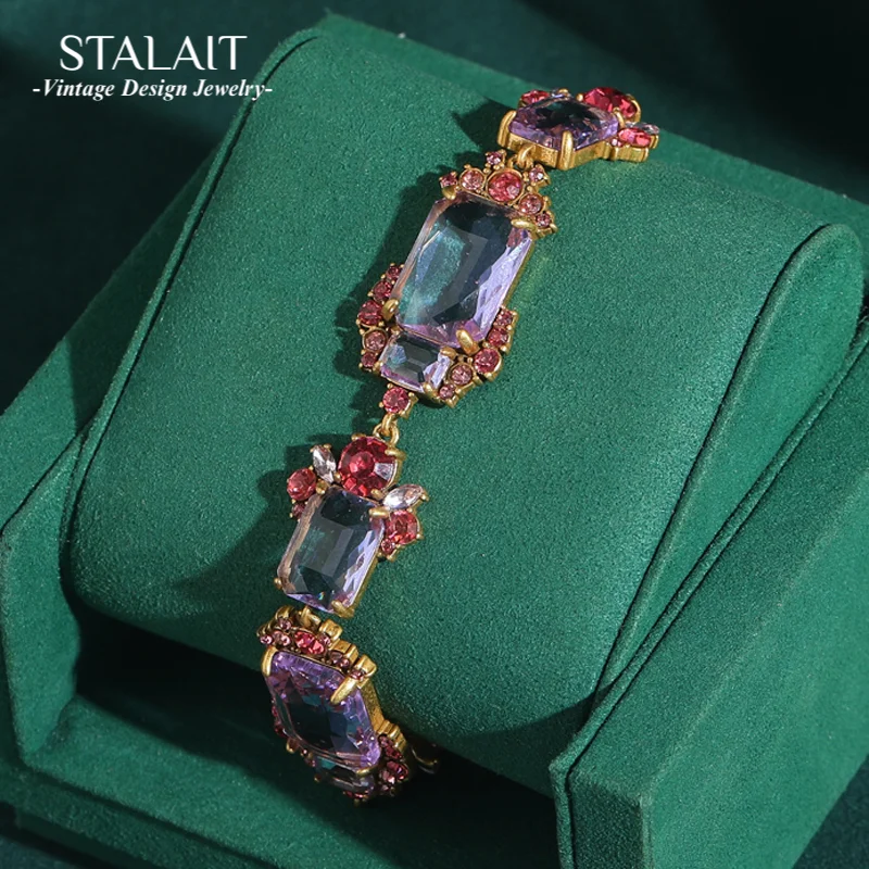 

Vintage Charms Transparent Glass Bracelet Crystal Flower Violet Luxury Gold Color Square Purple Wedding Accessories Women 2025