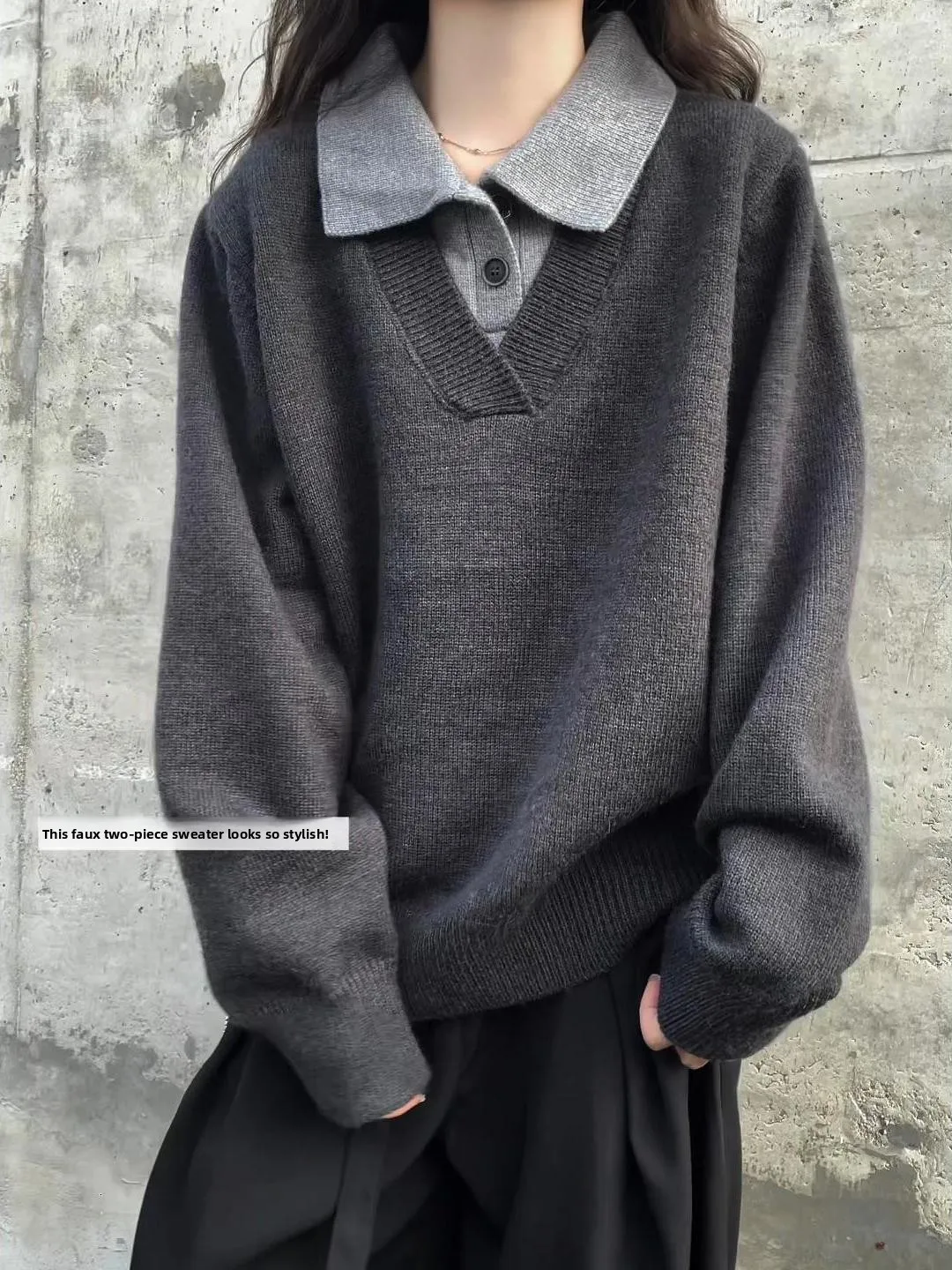 Men's V-Neck Knitted Hoodie Casual Style Heavyweight Collar Jacket Fake Two-Piece Loose Fit Comfortable Long Sleeve Autumn Wear