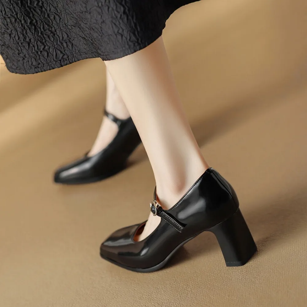 NEW Spring/Autumn Shoes Women Square Toe Chunky Heel Mary Janes Solid Color Women Pump Genuine Leather Shoes Classics High Heels