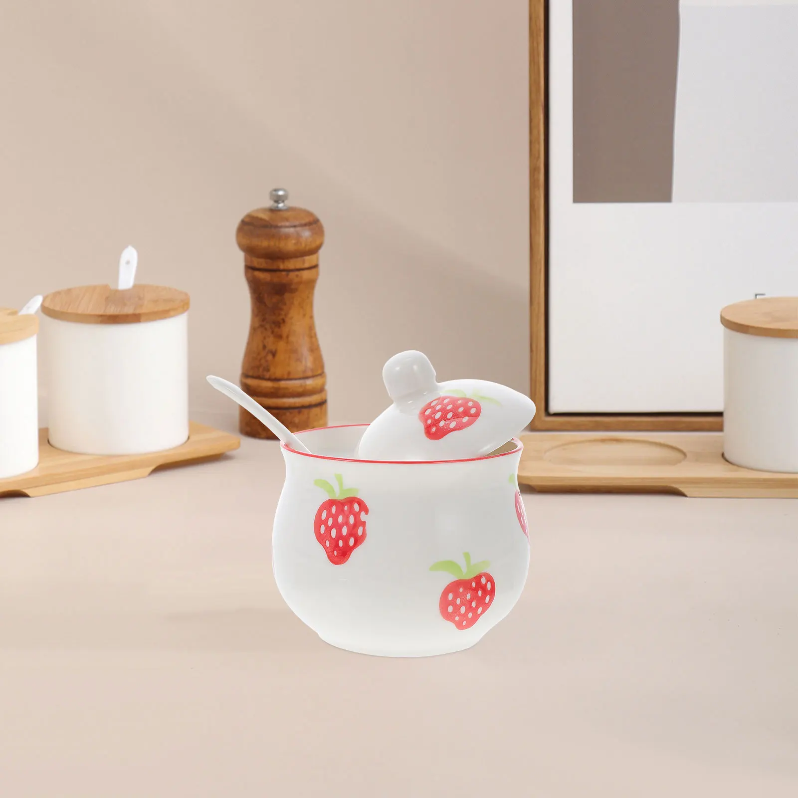 

1Set Ceramic Strawberry Pattern Seasoning Jar Kitchen Salt Pepper Storage Pot with Lid Condiment Holder