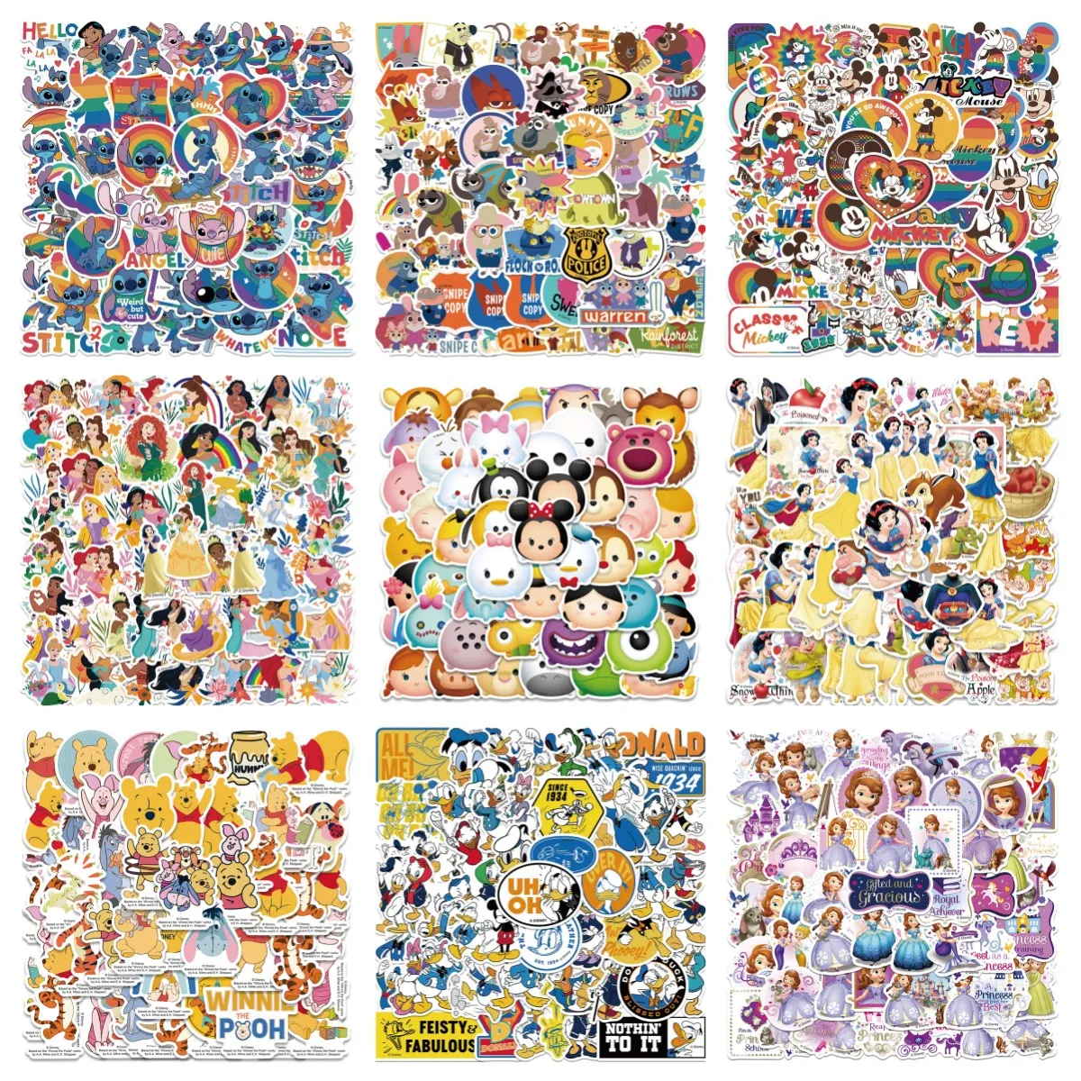 Disney-Funny Cartoon Vinyl Adesivos, Anime, Mickey, Ponto, Toy Story, Carros, Princesas, Laptop, Garrafa de água, Decalques, 50pcs