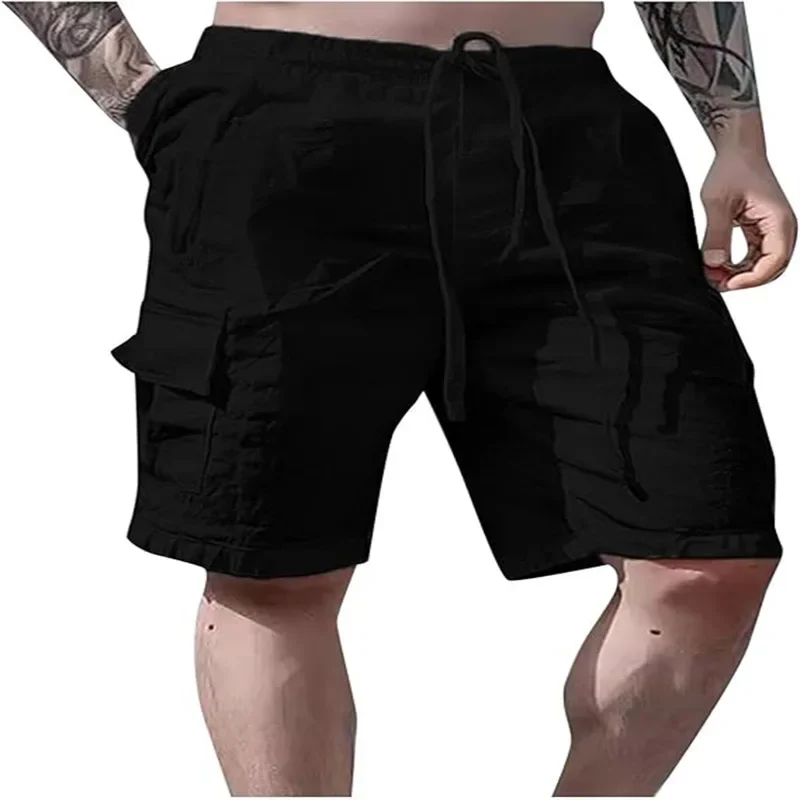 Men's loose outdoor breathable shorts made of cotton and linen with drawstrings and multiple pockets in workwear style.