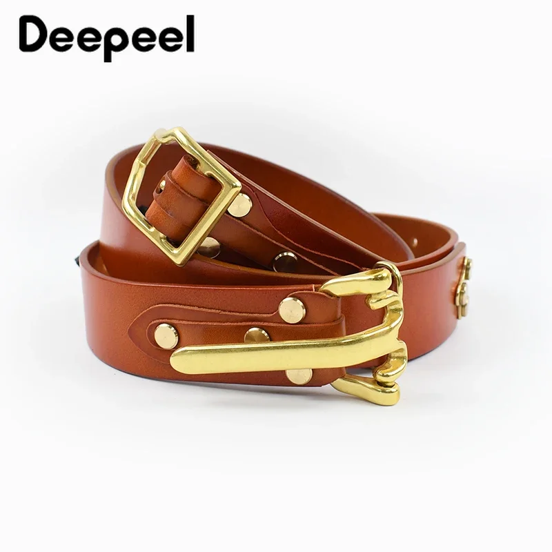 Deepeel 3.8*110-125cm Men's Cowskin Belt Brass Pin Buckle Waistband for Jeans Pants DIY Handmade Genuine Leather Knight Belts